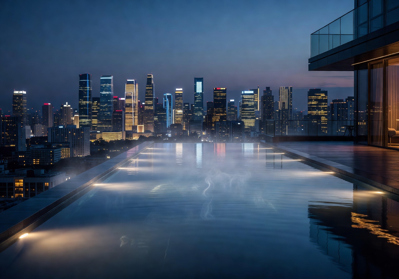 Heated infinity pool with city skyline view