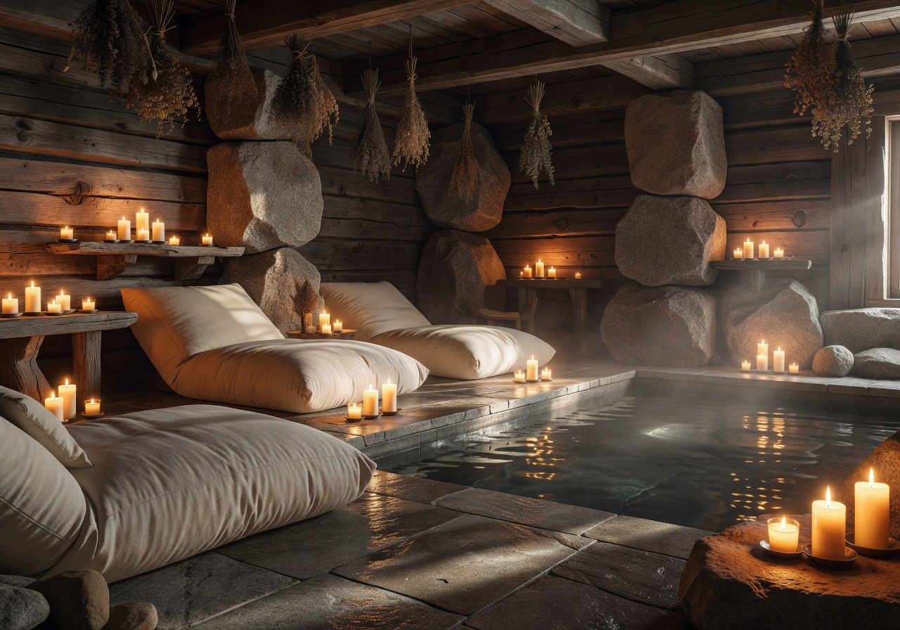 Luxury Baltic spa wellness retreat candlelit interior