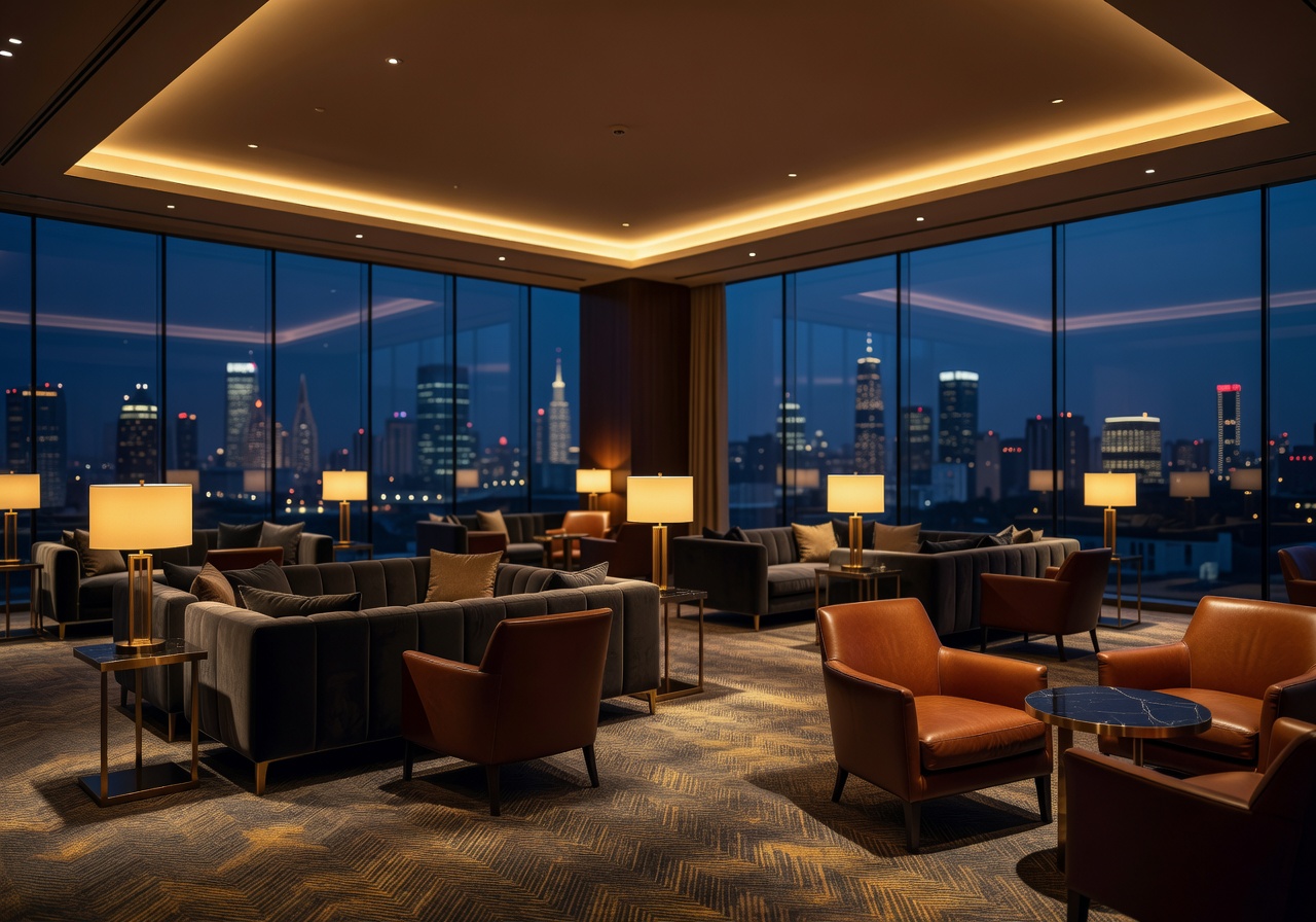 Luxury skyline lounge interior with gold lighting