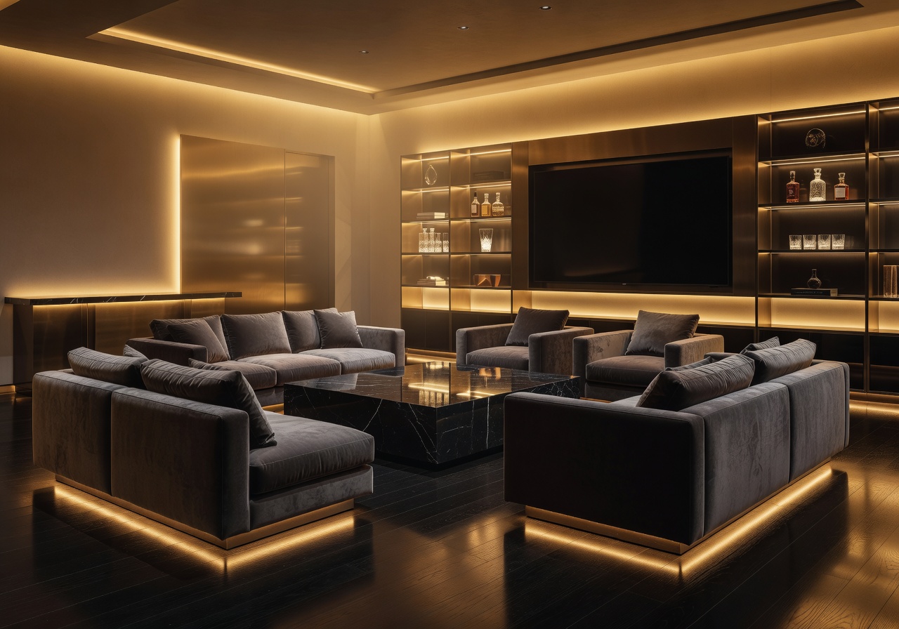 Modern VIP entertainment lounge with ambient gold lighting