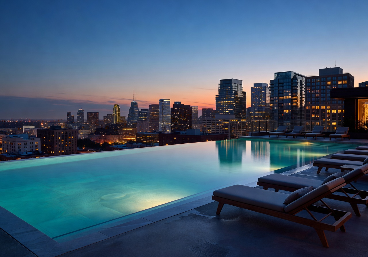 Rooftop infinity spa pool with skyline view
