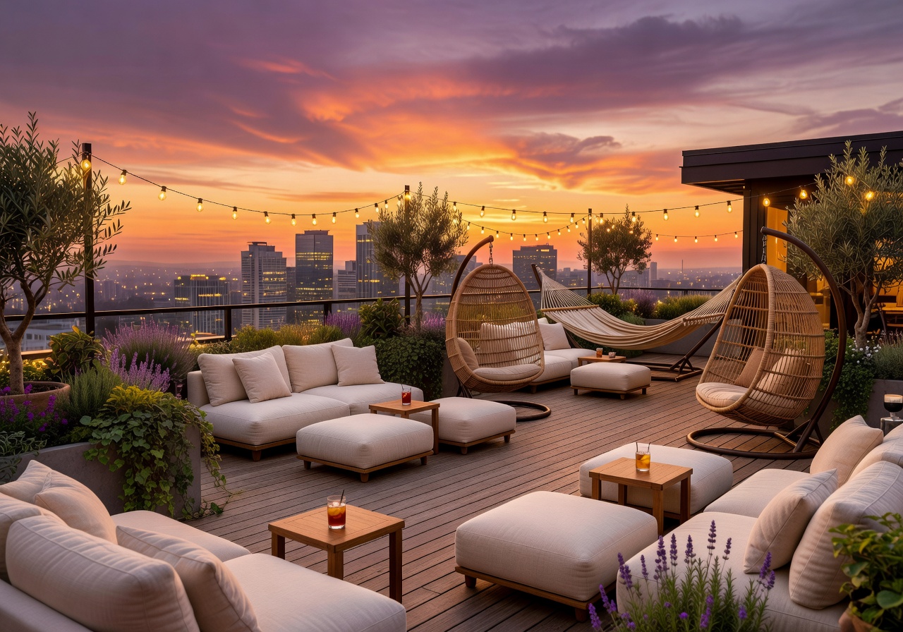 Rooftop relaxation lounge at sunset