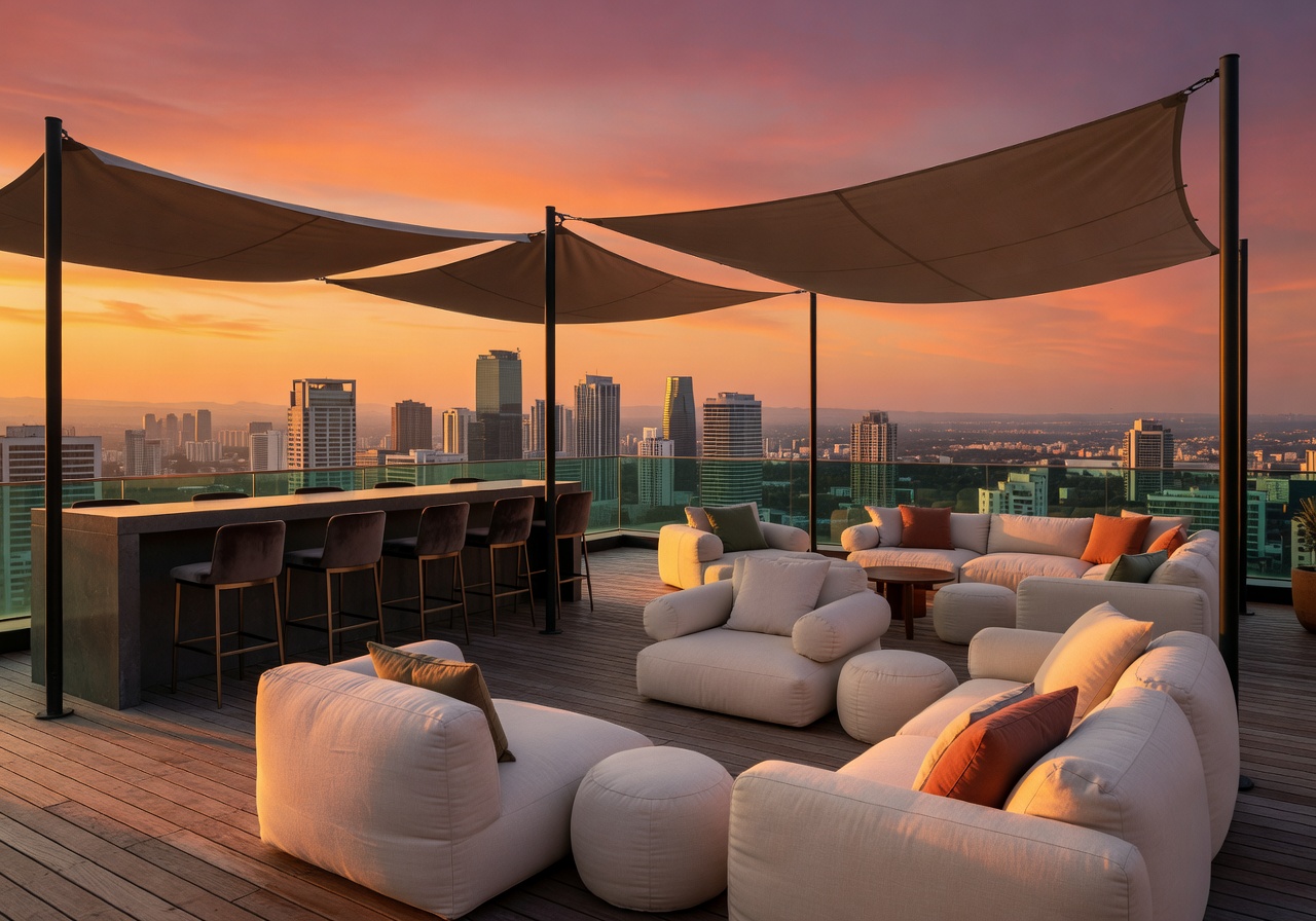 Rooftop relaxation lounge with sunset view