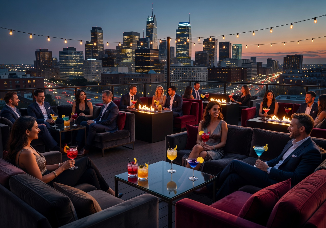 Exclusive private rooftop nightlife lounge with city view