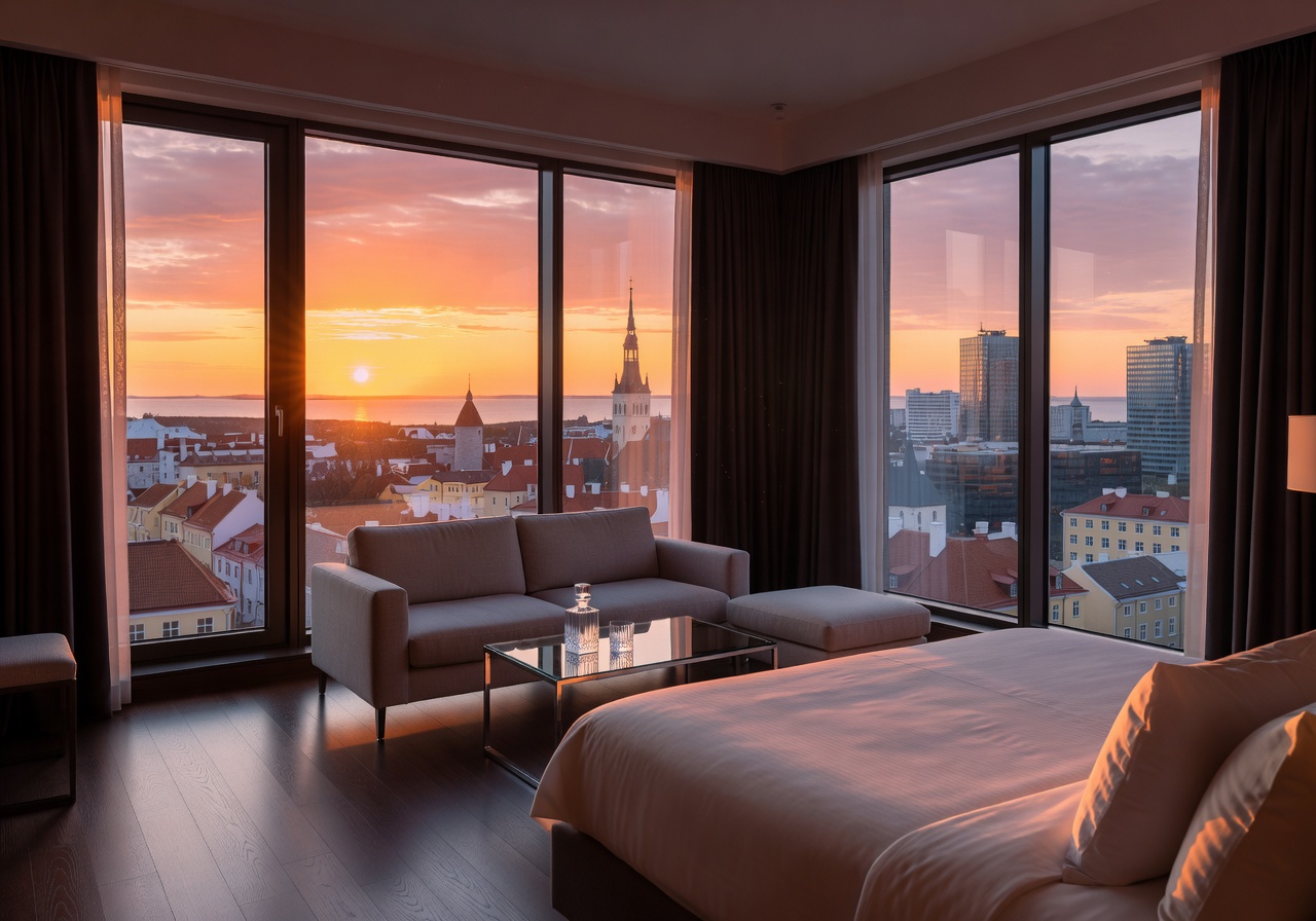 Swissotel Tallinn premium city view suite at sunset