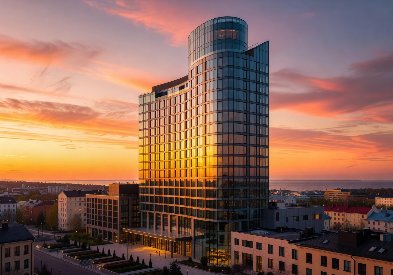 Swissotel Tallinn premium skyline hotel exterior at sunset
