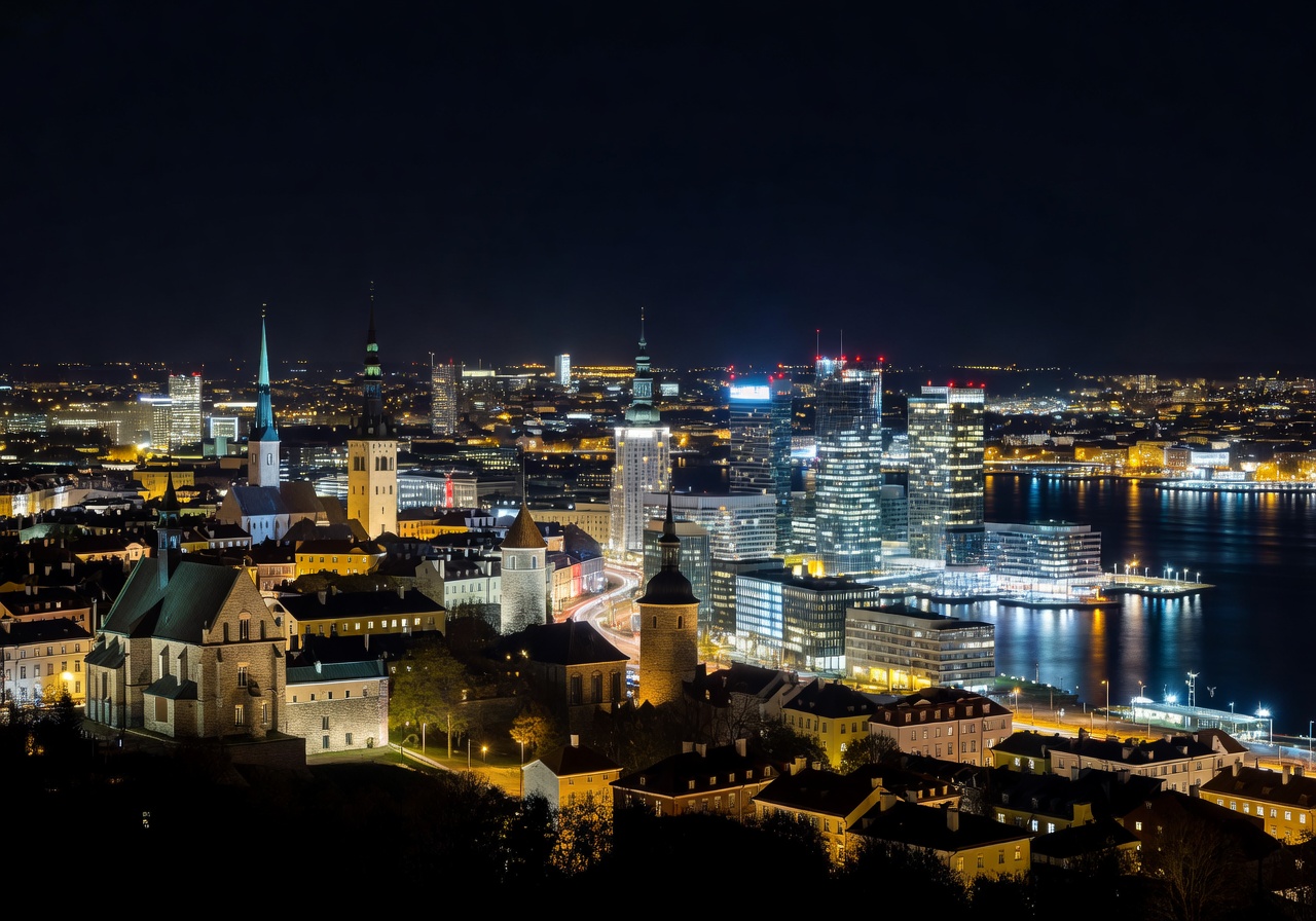 Tallinn Estonia luxury skyline at night with illuminated city lights
