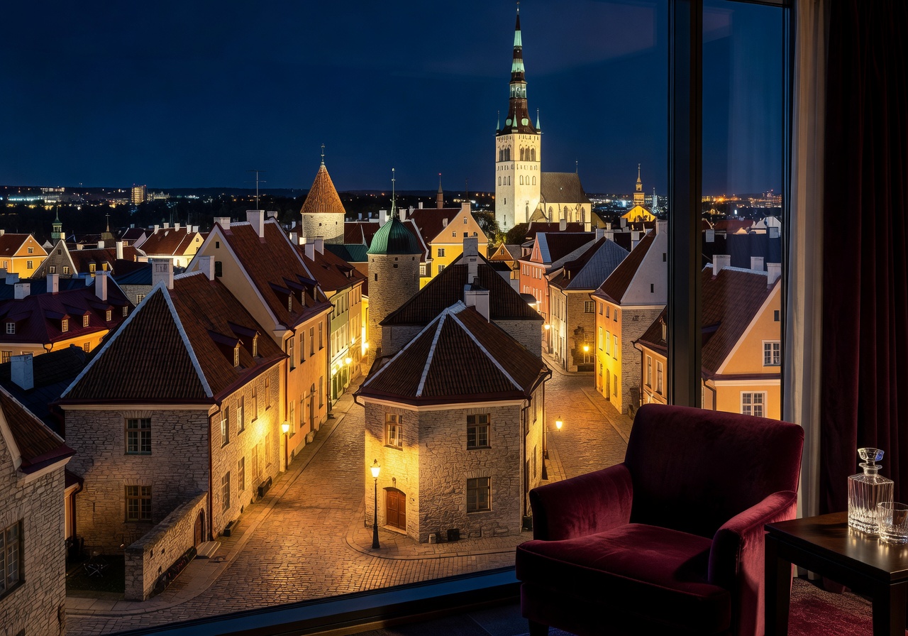Tallinn Old Town night view from luxury hotel